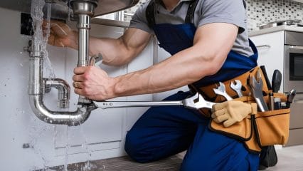 Plumber repairing pipes beneath a sink in Citrus Heights