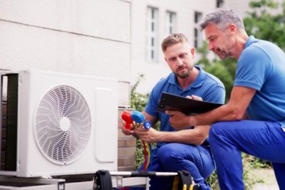 HVAC technicians installing an outdoor air conditioning unit in Citrus Heights